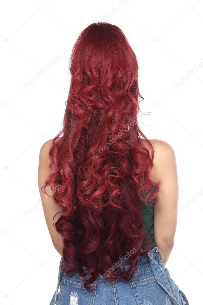 Hair Styling Rear View, Red curl color asian long hair style, studio lighting white background