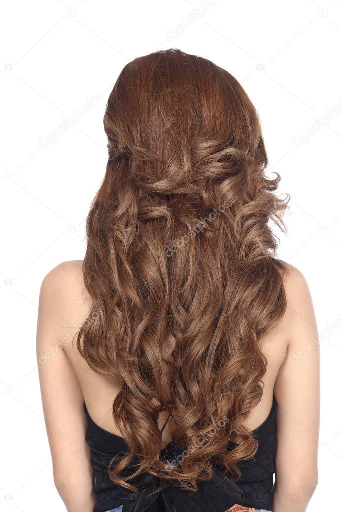 Hair Styling Rear View, Brown curl color asian long hair style, studio lighting white background