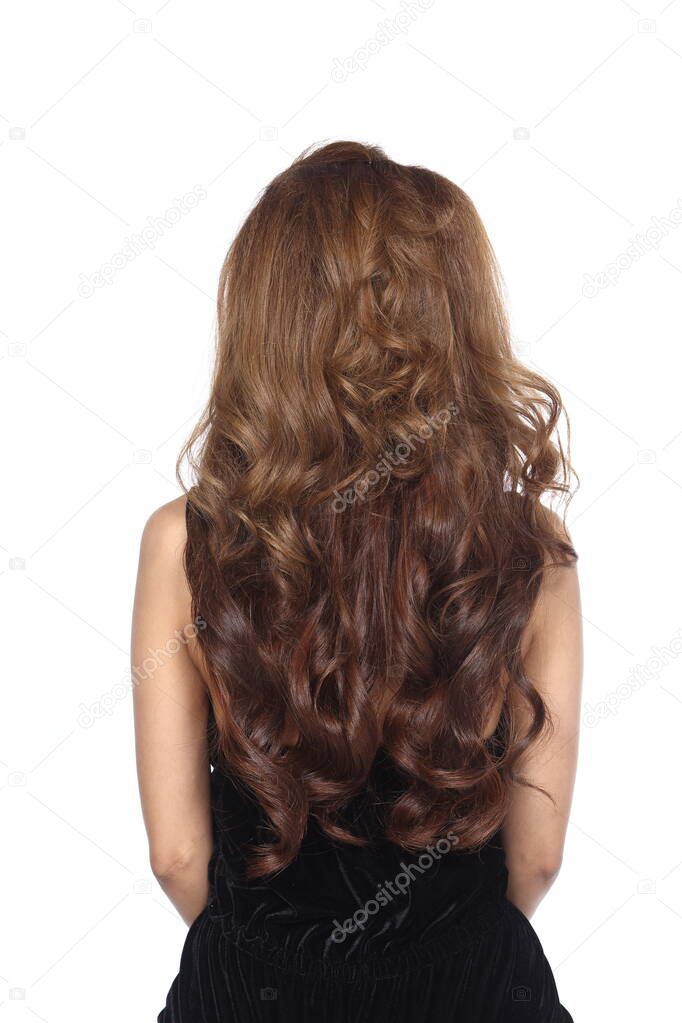 Hair Styling Rear View, Brown curl color asian long hair style, studio lighting white background