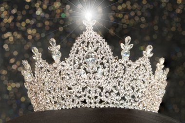 Diamon Silver Crown for Miss Pageant Beauty Contest, Crystal Tiara decorate with many shape of gems stone and bokeh background, HDR stacking Marcro photography clipart