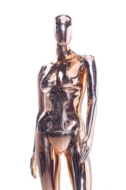 Metalik Manken 'in tam boy portresi, Parlak Yansıma Modeli, Gece elbisesi uzun balosu ya da dikiş deseni çalışması için Crystal Clear. Stüdyo ışıklandırması izole edilmiş beyaz arkaplan kopyalama alanı