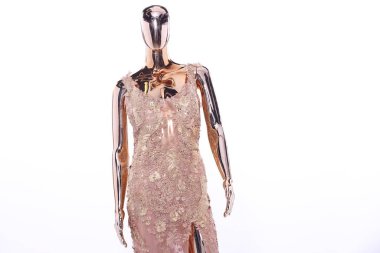 Metalik Manken 'in tam boy portresi, Parlak Yansıma Modeli, Pembe Gül dantelli gece elbisesi için kristal berraklığı uzun balo ya da dikiş deseni. Stüdyo ışıklandırması izole edilmiş beyaz arkaplan kopyalama alanı