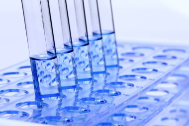 Plastik sehpa tutacağındaki Mavi Sıvı Laboratuvar Test araçları, beş kişilik grup, Stüdyo aydınlatma beyaz arka plan izole edildi