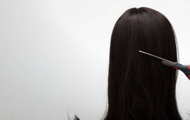 Rattan Head Manken standında yapay sahte saç peruğu, beyaz gri üzerinde izole edilmiş stüdyo aydınlatma saç fotokopi alanı metin logosu, siyah kıvrım düz üst, profesyonel makas kesimi