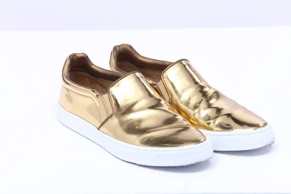Couro Ouro Sapato Sapato Borda Borracha Branca Par Estúdio Iluminação — Fotografia de Stock