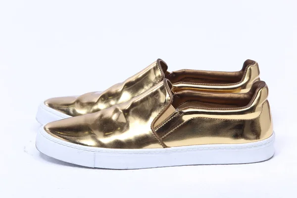 Gold Leather Sneaker Shoe White Rubber Edge Pair Studio Lighting — Stock Photo, Image