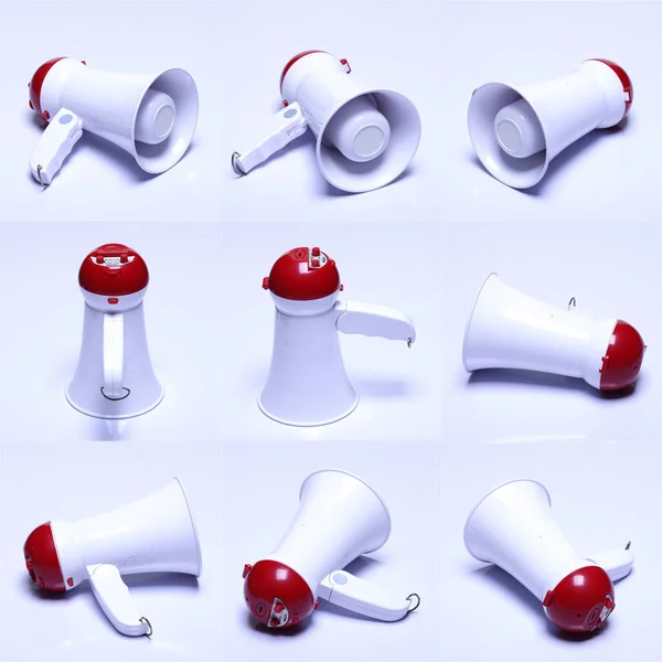 Group Collage Megaphone Speaker Device White Red Color Logo Studio — ストック写真