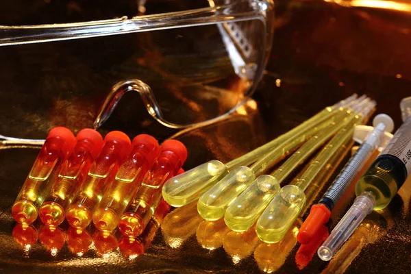 Gold Science Medical Dropper Goggle Syringe Stethoscope Glass Tube Lab — Φωτογραφία Αρχείου