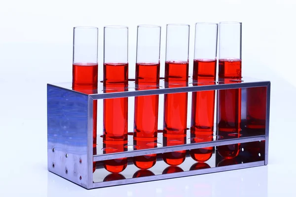 Red Liquid Group Six Glass Tube Lab Test Tools Stainless — Stock Photo, Image