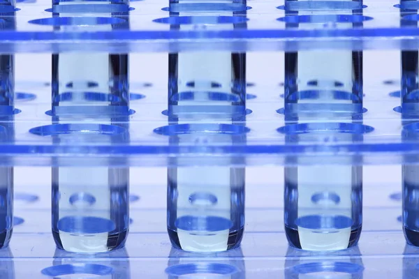 Líquido Azul Laboratório Tubo Vidro Ferramentas Teste Suporte Suporte Plástico — Fotografia de Stock