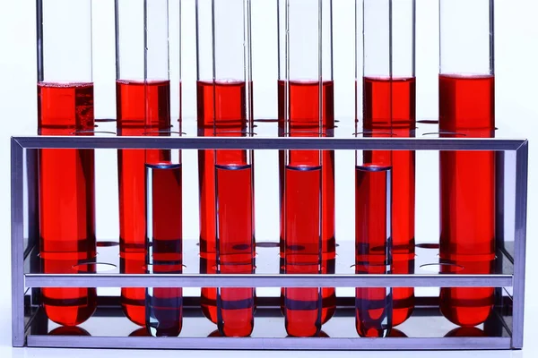 Red Liquid Group Six Glass Tube Lab Test Tools Stainless — Stock Photo, Image