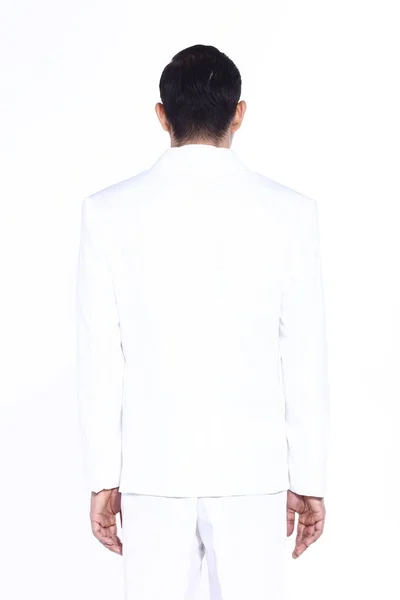 ホワイトスーツカメラに背を向けて立つビジネスマンや後ろから スタジオの照明白の背景に隔離された黒いパンツの白いシャツ — ストック写真