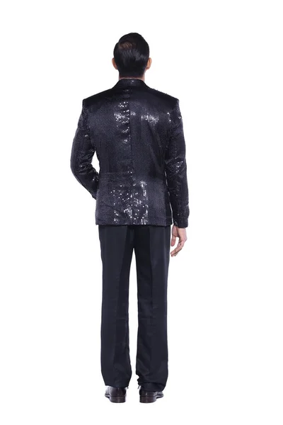 Black sequin Suit tuxixo Businessman standing with back to the camera or from behind, black pant white shirt, isolated on studio lighting white background