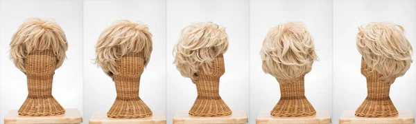 Artificial Fake Hair Wig on Rattan Head Mannequin wooden stand, studio lighting isolated on white gray close up detail of hair copy space text logo, color blonde curl straight top
