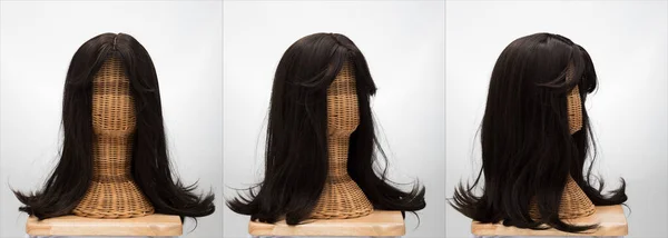 Τεχνητή Ψεύτικη Περούκα Μαλλιών Στο Rattan Head Mannequin Ξύλινο Περίπτερο — Φωτογραφία Αρχείου