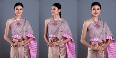 Tayland Geleneksel Kostümü Pembe Lotus Elbisesi ya da Güneydoğu Asya Altın Elbisesi Süslü Asyalı Kadın Elbisesi Stüdyo aydınlatma gri arka planı altında birçok pozda yer alıyor, kolaj grubu paketi