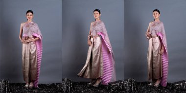 Tayland Geleneksel Kostümü Pembe Lotus Elbisesi ya da Güneydoğu Asya Altın Elbisesi Süslü Asyalı Kadın Elbisesi Stüdyo aydınlatma gri arka planı altında birçok pozda yer alıyor, kolaj grubu paketi