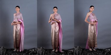 Tayland Geleneksel Kostümü Pembe Lotus Elbisesi ya da Güneydoğu Asya Altın Elbisesi Süslü Asyalı Kadın Elbisesi Stüdyo aydınlatma gri arka planı altında birçok pozda yer alıyor, kolaj grubu paketi