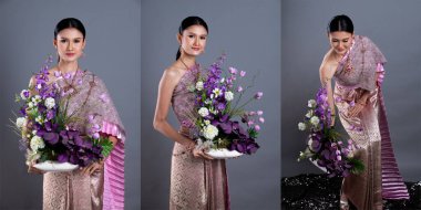 Tayland Geleneksel Kostümü Pembe Lotus Elbisesi ya da Güneydoğu Asya Altın Elbisesi Süslü Asyalı Kadın Elbisesi Stüdyo aydınlatma gri arka planı altında birçok pozda yer alıyor, kolaj grubu paketi