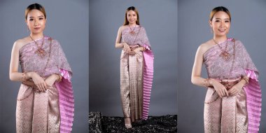 Tayland Geleneksel Kostümü Pembe Lotus Elbisesi ya da Güneydoğu Asya Altın Elbisesi Süslü Asyalı Kadın Elbisesi Stüdyo aydınlatma gri arka planı altında birçok pozda yer alıyor, kolaj grubu paketi