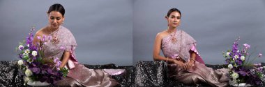 Tayland Geleneksel Kostümü Pembe Lotus Elbisesi ya da Güneydoğu Asya Altın Elbisesi Süslü Asyalı Kadın Elbisesi Stüdyo aydınlatma grisi arka plan, kolaj grubu