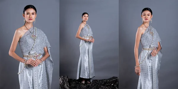 Vestido Plata Azul Del Traje Tradicional Tailandés Del Sudeste Asiático — Foto de Stock