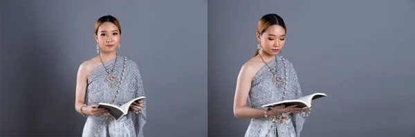 Blue Silver Dress of Thai Traditional Costume or South East Asia gold in Asian Woman with decoration reads a book in many poses under Studio lighting grey background, collage group pack