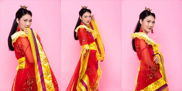 Red Gold lace of Chinese Traditional Costume Opera or South East Asia Reddish Dress in Asian Woman with decoration portrait in many poses under Studio lighting Pink background, collage group pack