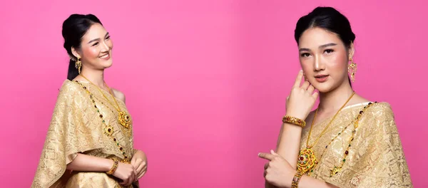 泰国传统服饰或东南亚黄金服饰亚洲女性服饰在工作室灯光下的许多姿势下装饰肖像粉红背景 拼贴成组包装 — 图库照片