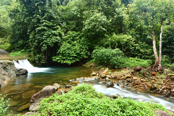 Kleiner Wasserfall Seichtem Fluss Tiefem Walddschungel Lange Belichtungszeit Für Unscharfe — Stockfoto