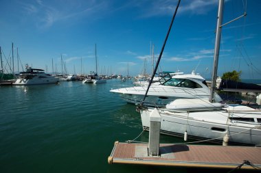 Birçok Lüks Yatlar, Marina Körfezi Kulübü 'nde berrak denizde yüzer. Pahalı tekneler, mavi okyanusun altındaki rıhtımda sakin kalır.