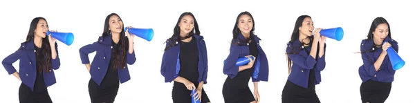 Junge Asiatische Frau Mode Mit Blauem Kunststoff Megafon Rufen Ankündigen — Stockfoto