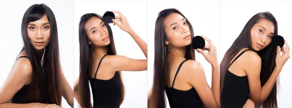 Jovem Anos Asiático Sorrindo Mulher Longo Liso Preto Cabelo Segurando — Fotografia de Stock