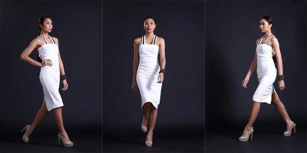 Güzel Asyalı Yaşlarda Bronz Tenli Beyaz Etekli Zayıf Bir Kadın — Stok fotoğraf