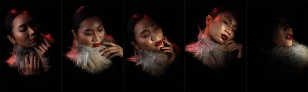 머리를 아시아의 아름다운 여성에게 립스틱 어두운 배경에 노출되는 어두운 스튜디오 — 스톡 사진