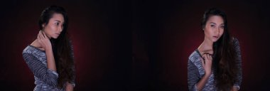 Kolaj grubu 20 'li yaşlardaki gülümseyen Asyalı kadın portresi makyaj stili siyah saç, stüdyo ışıklandırma arka plan fotokopi alanı, konsept kız birçok pozunu ifade eder