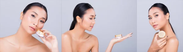 Piel Bronceada Moda Joven Mujer Asiática Modelo Presente Mostrando Cosméticos — Foto de Stock