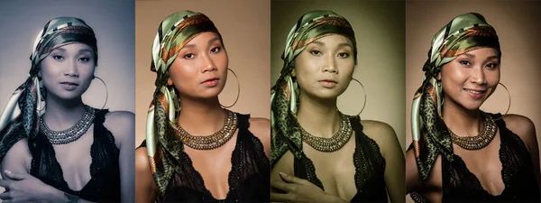 Collage Group Pack Beautiful Asian Tanned Skin Black Hair Woman — Φωτογραφία Αρχείου