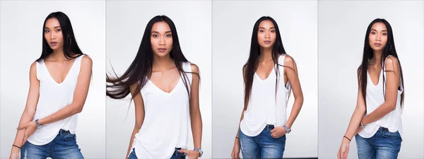 Collage group pack of Beautiful Asian Long straight black hair tan skin woman in white vest dress slim, fashion make up smart look, studio lighting white background isolated copy space
