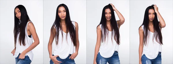 Collage Group Pack Beautiful Asian Long Straight Black Hair Tan — Stock Photo, Image
