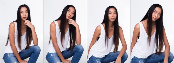 Kolaj Grubu Güzel Asyalı Uzun Düz Siyah Saçlı Ten Rengi — Stok fotoğraf