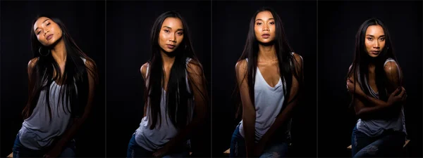 Collage Group Pack Beautiful Asian Long Straight Black Hair Tan — Stock Photo, Image