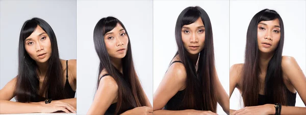 美しいアジアの長いストレート黒髪日焼け肌の女性のコラージュグループパック黒のドレススリム ファッションメイク スタジオ照明白背景隔離されたコピースペース — ストック写真