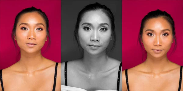 Collage Group Pack Fashion Porträt Von Asiatischen Schwarzen Haaren Gebräunte — Stockfoto