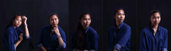 Азійська Жінка Макіяжу Обгортає Волосся Тіні Блакитна Джин Сорочка Половинний — стокове фото