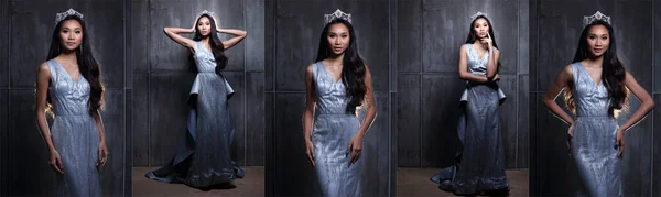 Portré Miss Pageant Beauty Contest Flitteres Blue Evening Ball Gown — Stock Fotó