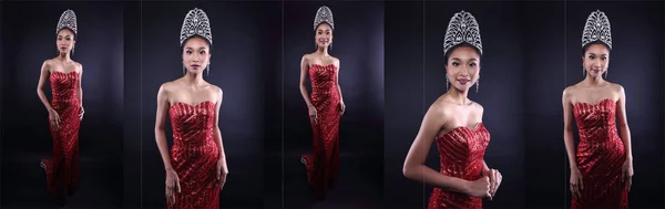 Retrato Miss Desfile Concurso Belleza Lentejuelas Rojas Vestido Noche Vestido — Foto de Stock