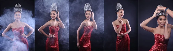 Portré Miss Pageant Szépségverseny Piros Flitteres Estélyi Ball Ruha Diamond — Stock Fotó