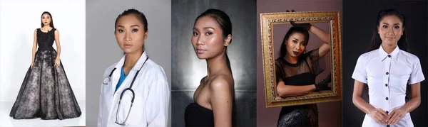 コラージュグループ20代のアジア女性の肖像画は カジュアル ガウン フル長さ 隔離されたスタジオ照明長い髪に多くのドレスとエクスプレス感ポーズを身に着けています — ストック写真