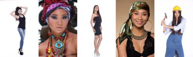 20 'li yaşlardaki Asyalı Kadın Kolaj Grubu Portresi birçok poz, elbise, ifade, duygu, konum, bikini, önlük, plaj, boy, yüz, moda, günlük, izole edilmiş gülümseme, güçlü.